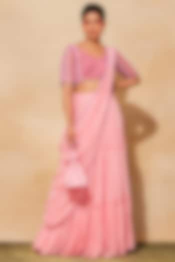 Blush Pink Tulle Tiered Skirt Saree Set by DiyaRajvvir