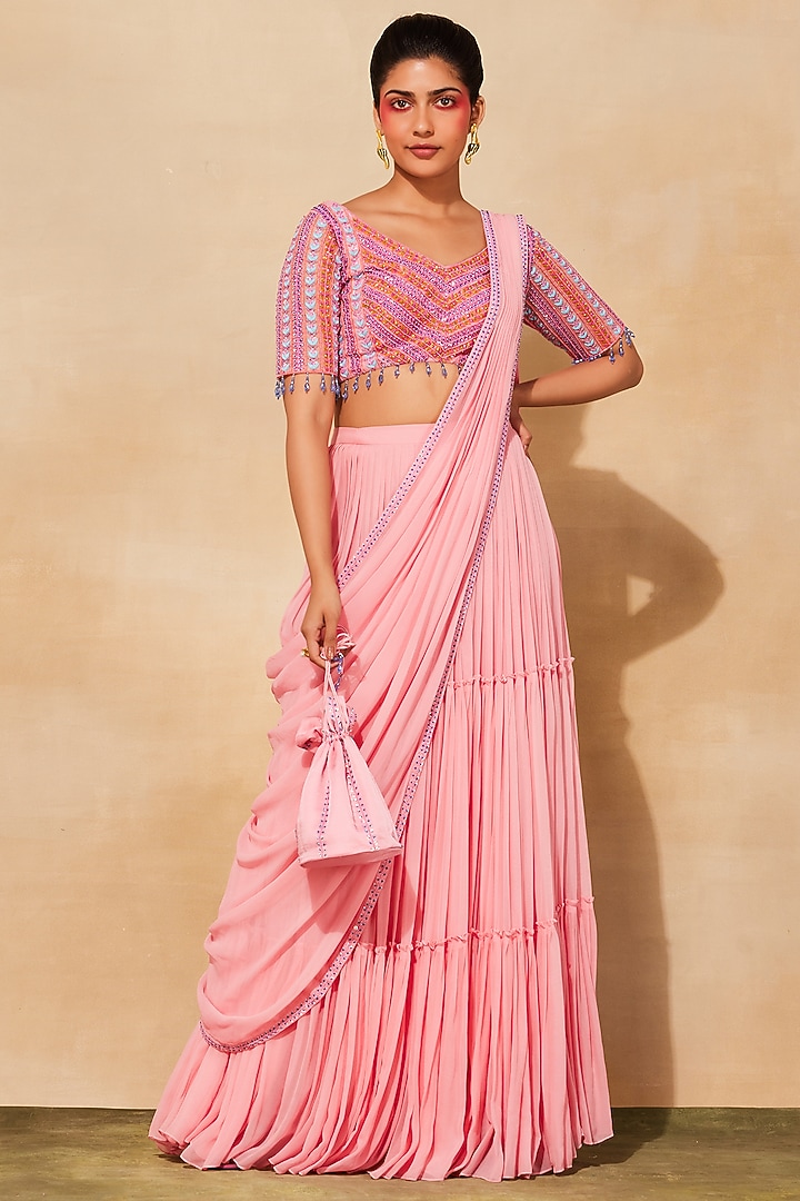 Blush Pink Tulle Tiered Skirt Wedding Saree Set by DiyaRajvvir at Pernia's Pop Up Shop