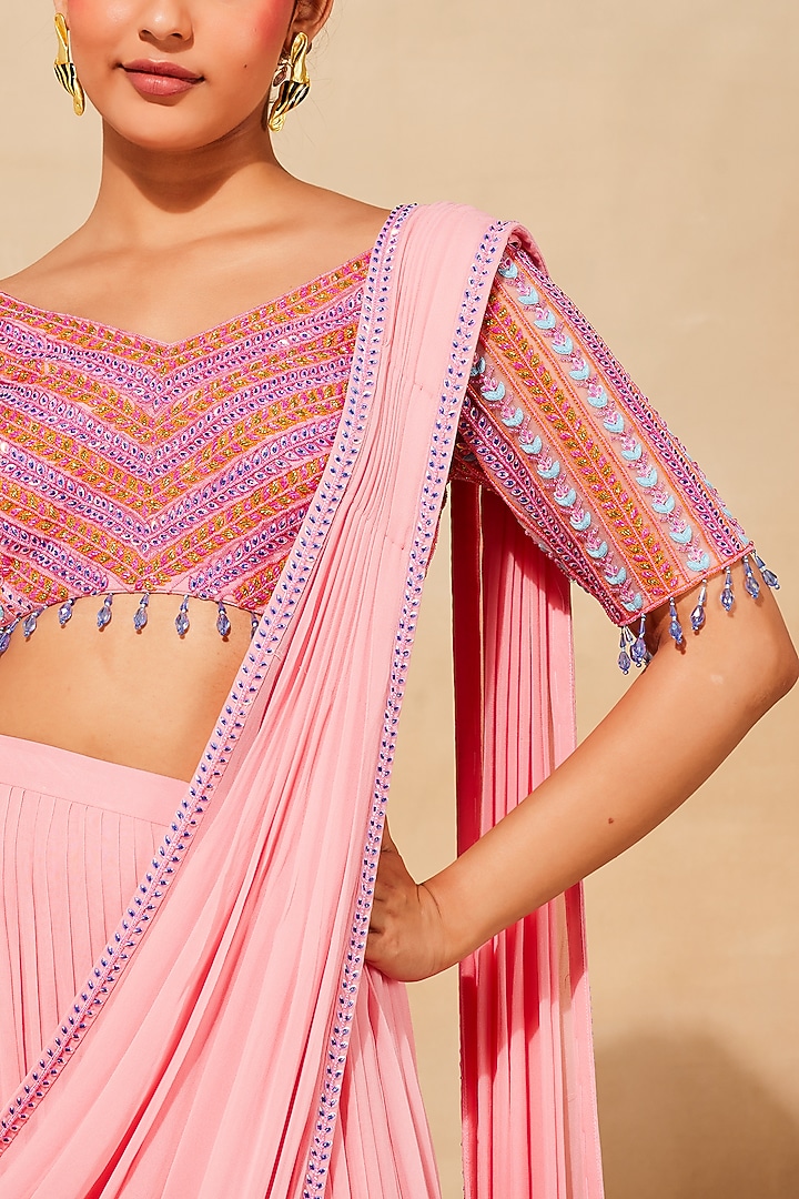 Blush Pink Tulle Tiered Skirt Wedding Saree Set by DiyaRajvvir at Pernia's Pop Up Shop