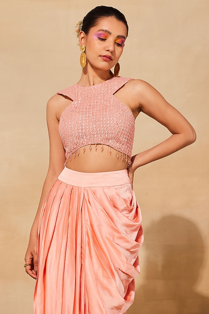 Peach Tulle Dhoti Skirt Set by DiyaRajvvir at Pernia's Pop Up Shop
