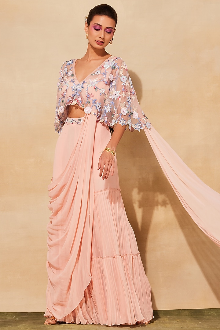 Blush Pink Tulle Tiered Gharara Pant Wedding Saree Set by DiyaRajvvir at Pernia's Pop Up Shop
