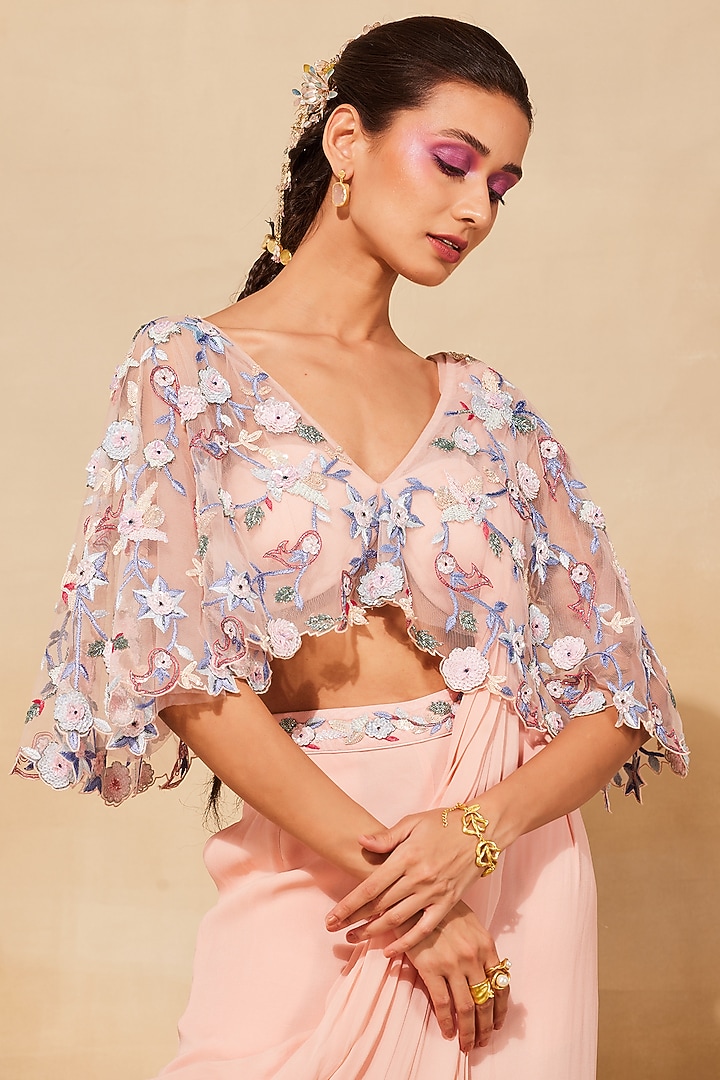 Blush Pink Tulle Tiered Gharara Pant Wedding Saree Set by DiyaRajvvir at Pernia's Pop Up Shop