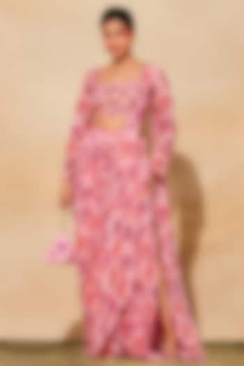 Blush Pink Tulle Printed Pant Saree Set by DiyaRajvvir