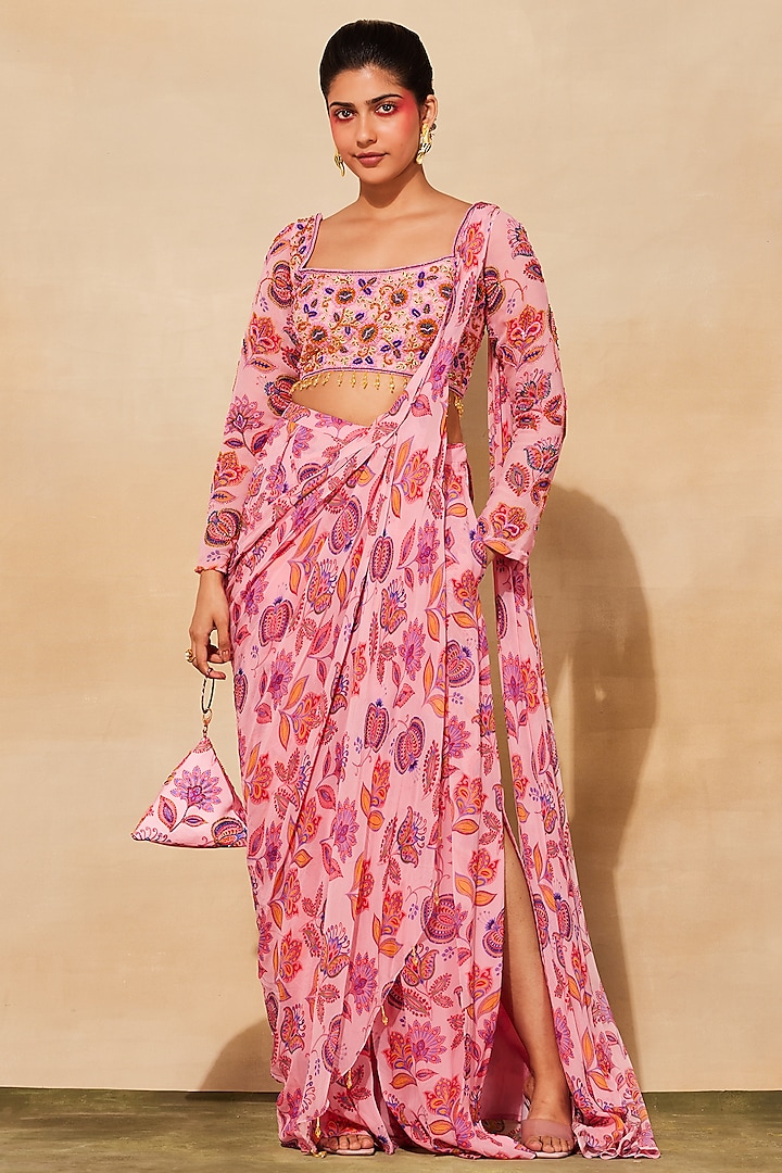 Blush Pink Tulle Printed Pant Saree Set by DiyaRajvvir