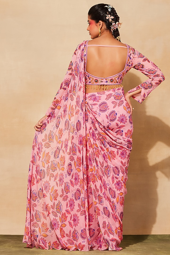 Blush Pink Tulle Printed Pant Wedding Saree Set by DiyaRajvvir at Pernia's Pop Up Shop