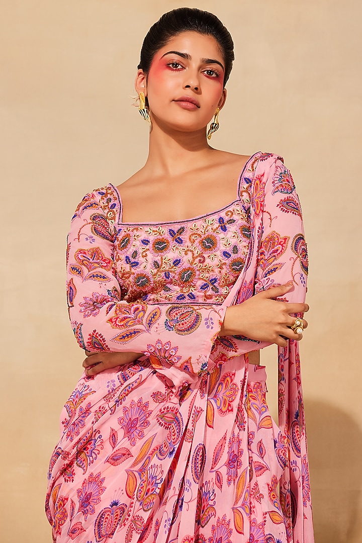 Blush Pink Tulle Printed Pant Wedding Saree Set by DiyaRajvvir at Pernia's Pop Up Shop