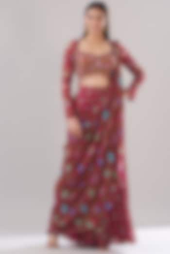 Crimson Red Tulle & Georgette Digital Printed Gharara Wedding Saree Set by DiyaRajvvir at Pernia's Pop Up Shop