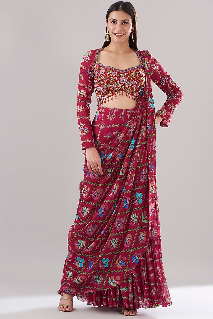 Crimson Red Tulle & Georgette Digital Printed Gharara Wedding Saree Set by DiyaRajvvir at Pernia's Pop Up Shop