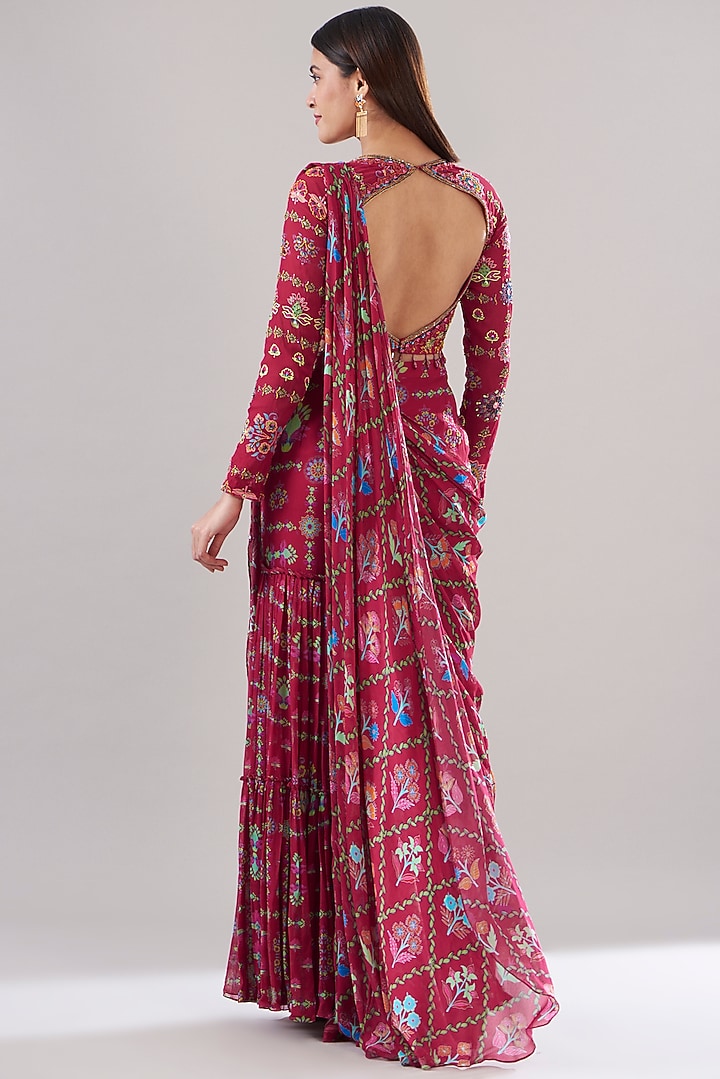 Crimson Red Tulle & Georgette Digital Printed Gharara Wedding Saree Set by DiyaRajvvir at Pernia's Pop Up Shop