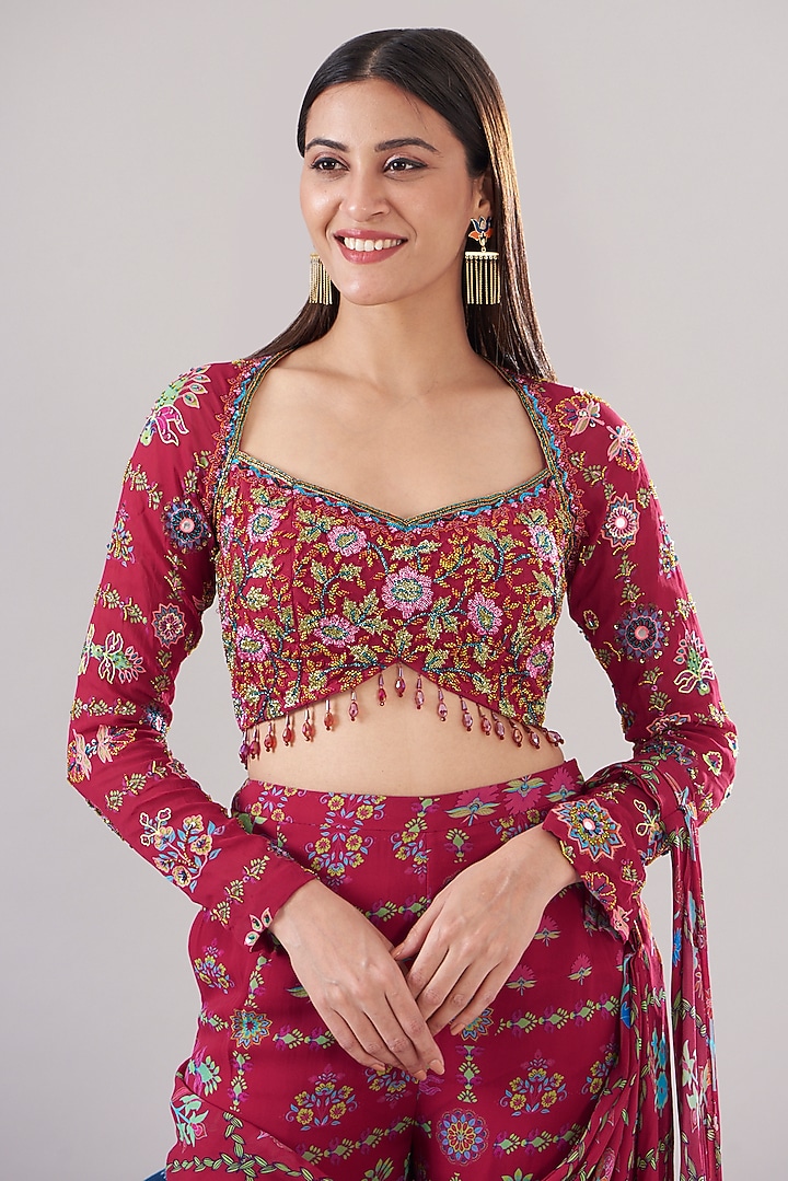 Crimson Red Tulle & Georgette Digital Printed Gharara Wedding Saree Set by DiyaRajvvir at Pernia's Pop Up Shop