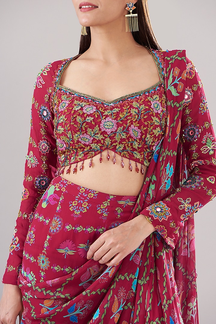 Crimson Red Tulle & Georgette Digital Printed Gharara Wedding Saree Set by DiyaRajvvir at Pernia's Pop Up Shop