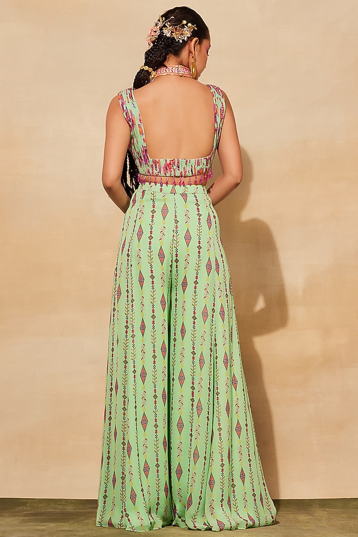 Mint Green Georgette Printed Wedding Sharara Set by DiyaRajvvir at Pernia's Pop Up Shop