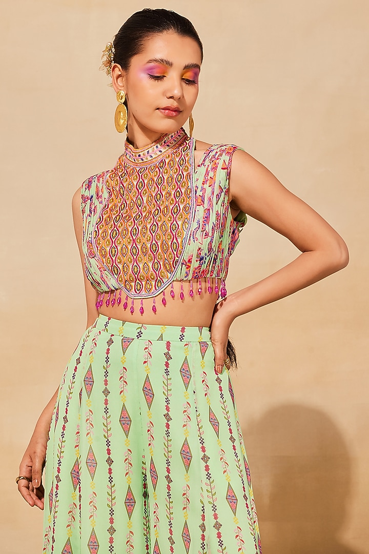 Mint Green Georgette Printed Wedding Sharara Set by DiyaRajvvir at Pernia's Pop Up Shop