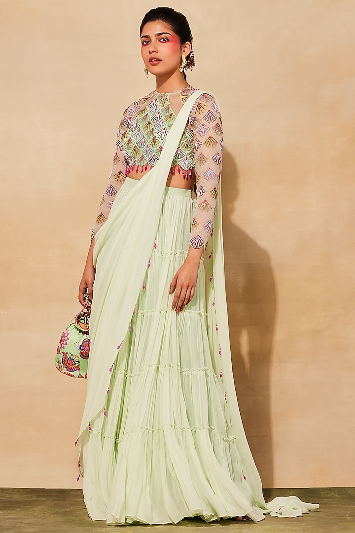 Mint Green Organza Tiered Skirt Saree Set by DiyaRajvvir