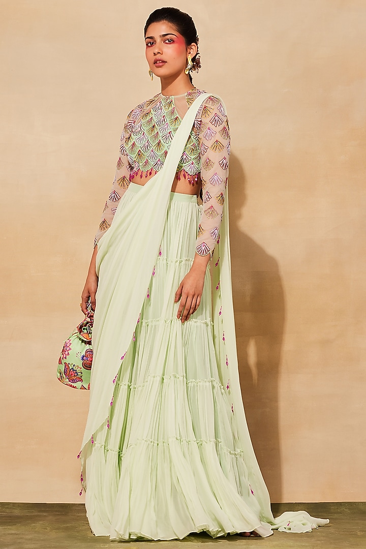 Mint Green Organza Tiered Skirt Saree Set by DiyaRajvvir at Pernia's Pop Up Shop