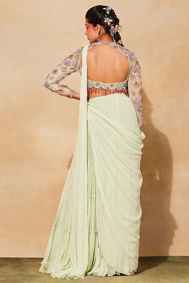 Mint Green Organza Tiered Skirt Wedding Saree Set by DiyaRajvvir at Pernia's Pop Up Shop