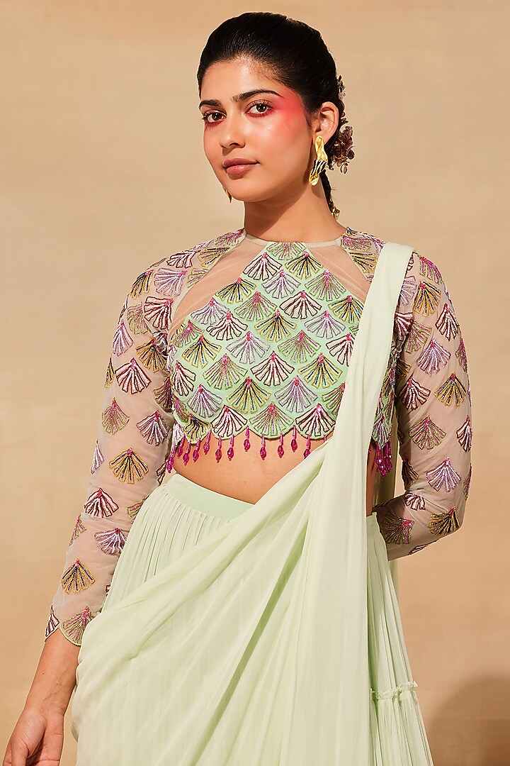 Mint Green Organza Tiered Skirt Wedding Saree Set by DiyaRajvvir at Pernia's Pop Up Shop