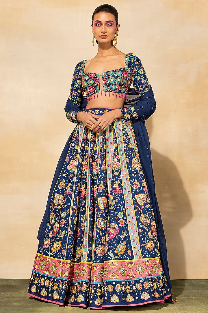 Dark Blue Raw Silk Printed & Embroidered Wedding Lehenga Set by DiyaRajvvir at Pernia's Pop Up Shop