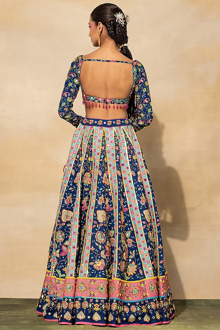 Dark Blue Raw Silk Printed & Embroidered Wedding Lehenga Set by DiyaRajvvir at Pernia's Pop Up Shop