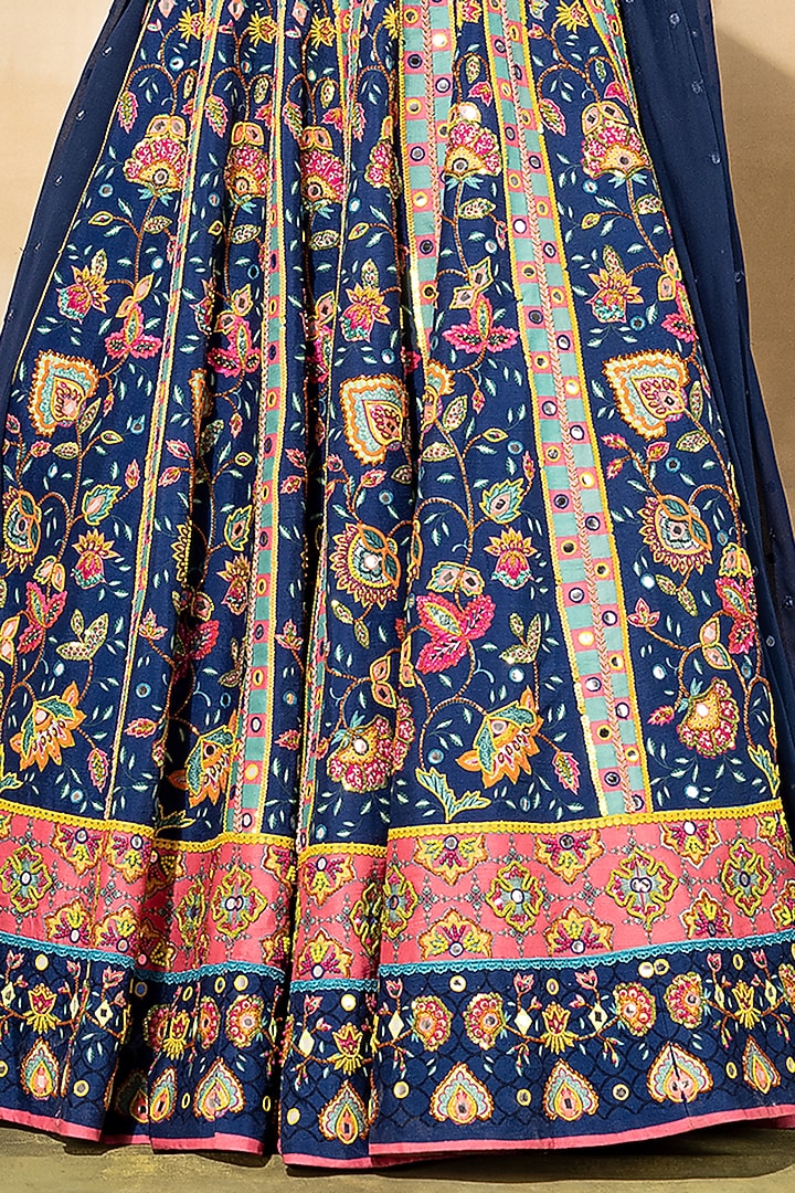 Dark Blue Raw Silk Printed & Embroidered Wedding Lehenga Set by DiyaRajvvir at Pernia's Pop Up Shop