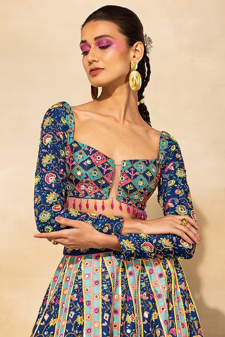 Dark Blue Raw Silk Printed & Embroidered Wedding Lehenga Set by DiyaRajvvir at Pernia's Pop Up Shop