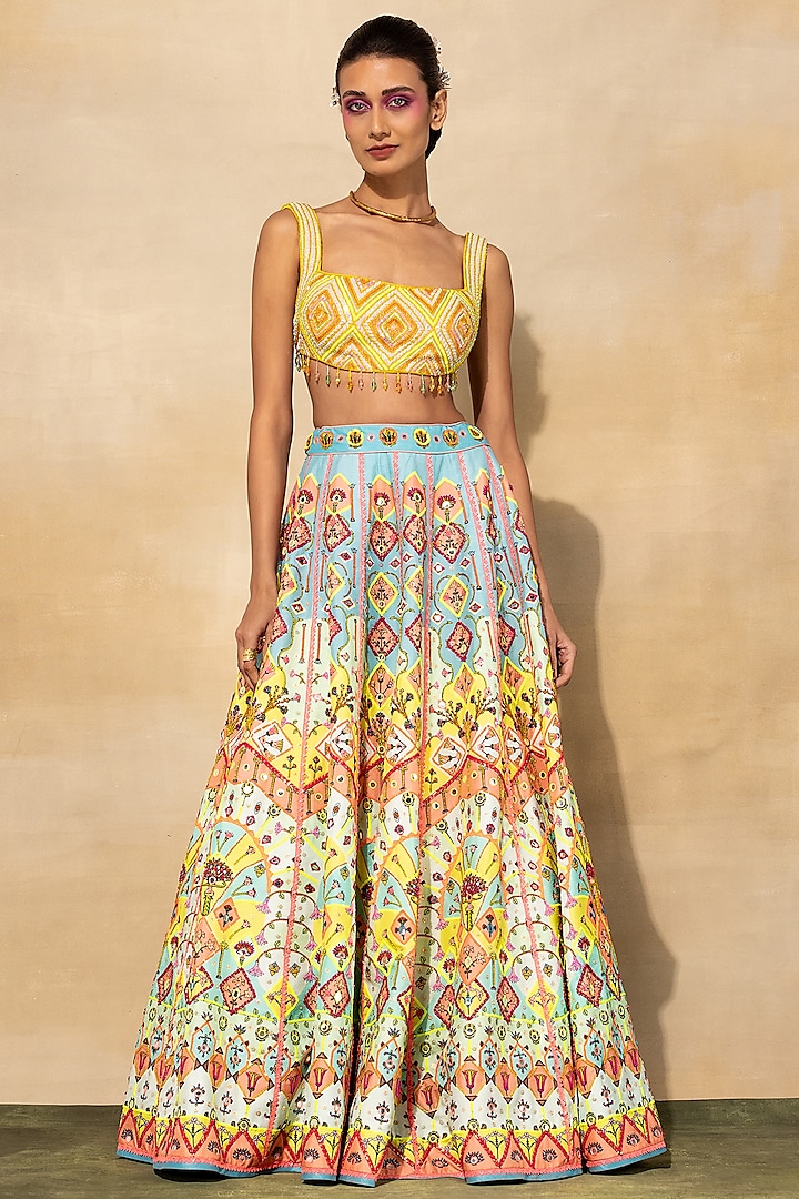 Pastel Blue Raw Silk Printed Wedding Lehenga Set by DiyaRajvvir at Pernia's Pop Up Shop