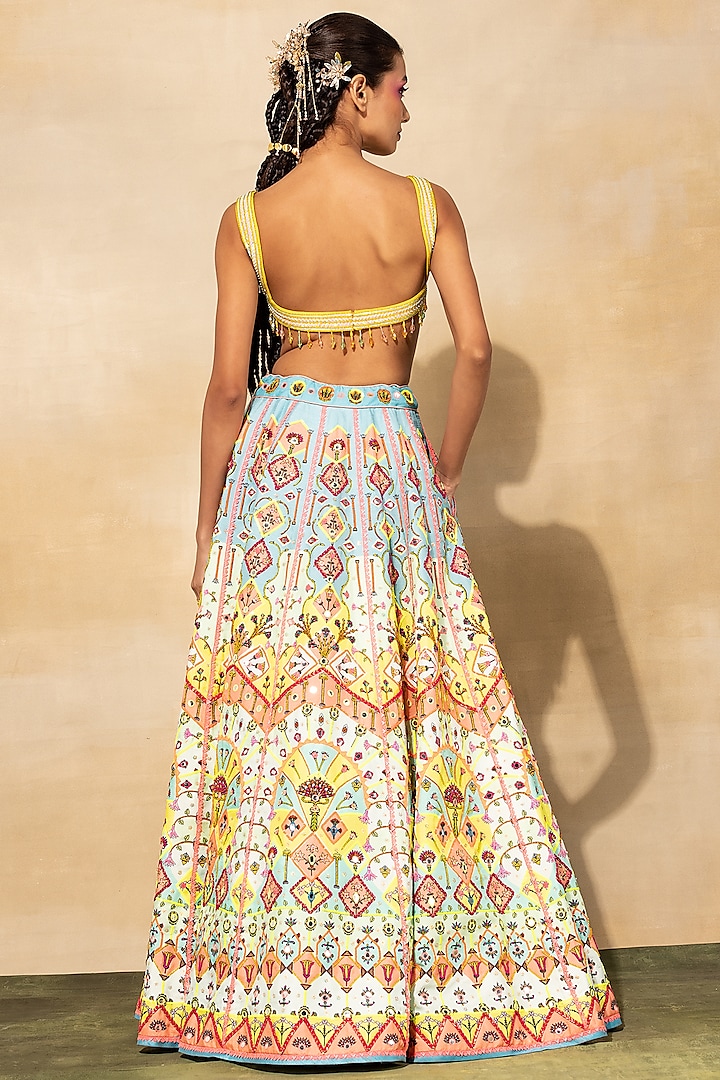 Pastel Blue Raw Silk Printed Wedding Lehenga Set by DiyaRajvvir at Pernia's Pop Up Shop