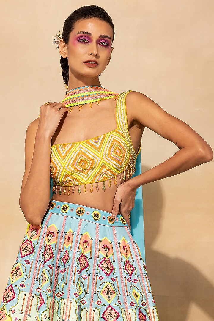 Pastel Blue Raw Silk Printed Wedding Lehenga Set by DiyaRajvvir at Pernia's Pop Up Shop