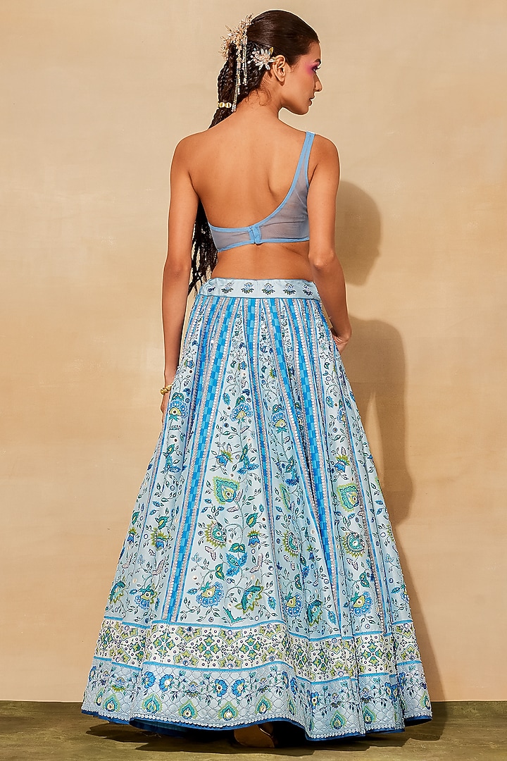 Powder Blue Raw Silk Printed Wedding Lehenga Set by DiyaRajvvir at Pernia's Pop Up Shop