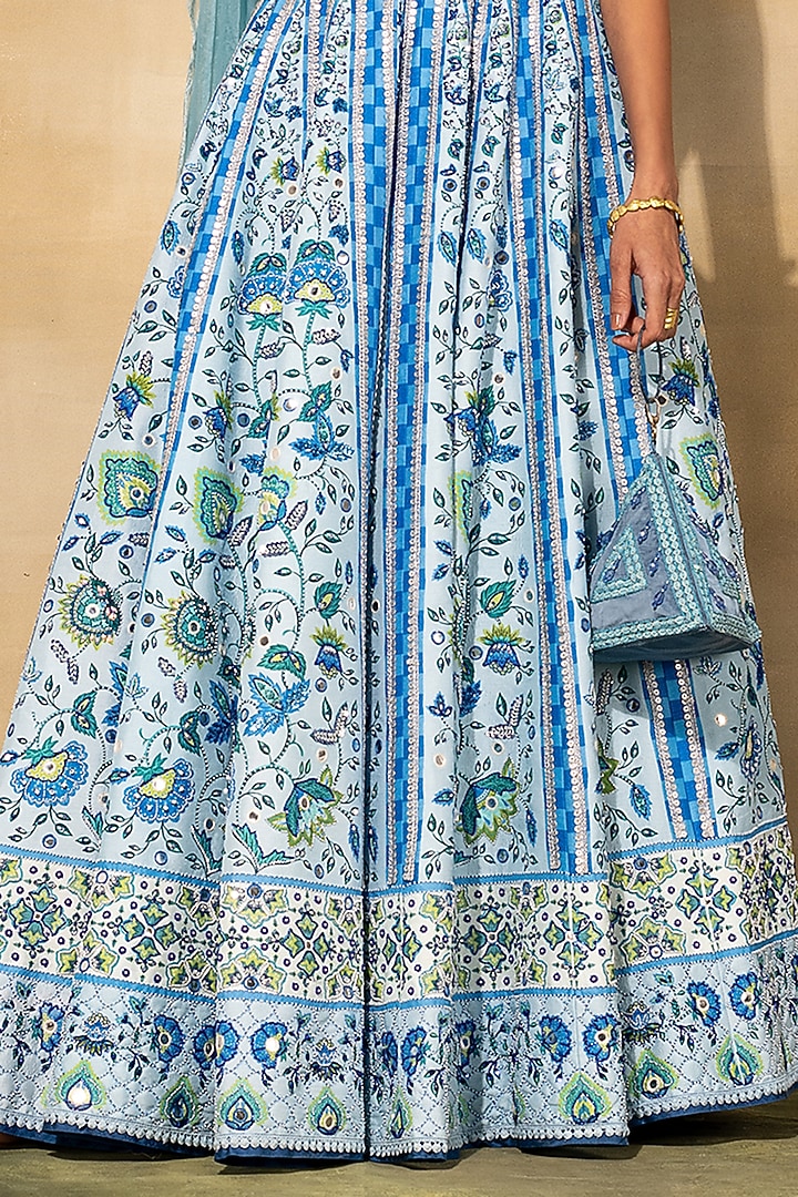 Powder Blue Raw Silk Printed Wedding Lehenga Set by DiyaRajvvir at Pernia's Pop Up Shop
