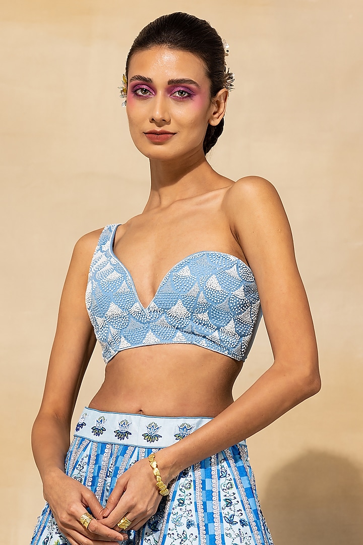 Powder Blue Raw Silk Printed Wedding Lehenga Set by DiyaRajvvir at Pernia's Pop Up Shop