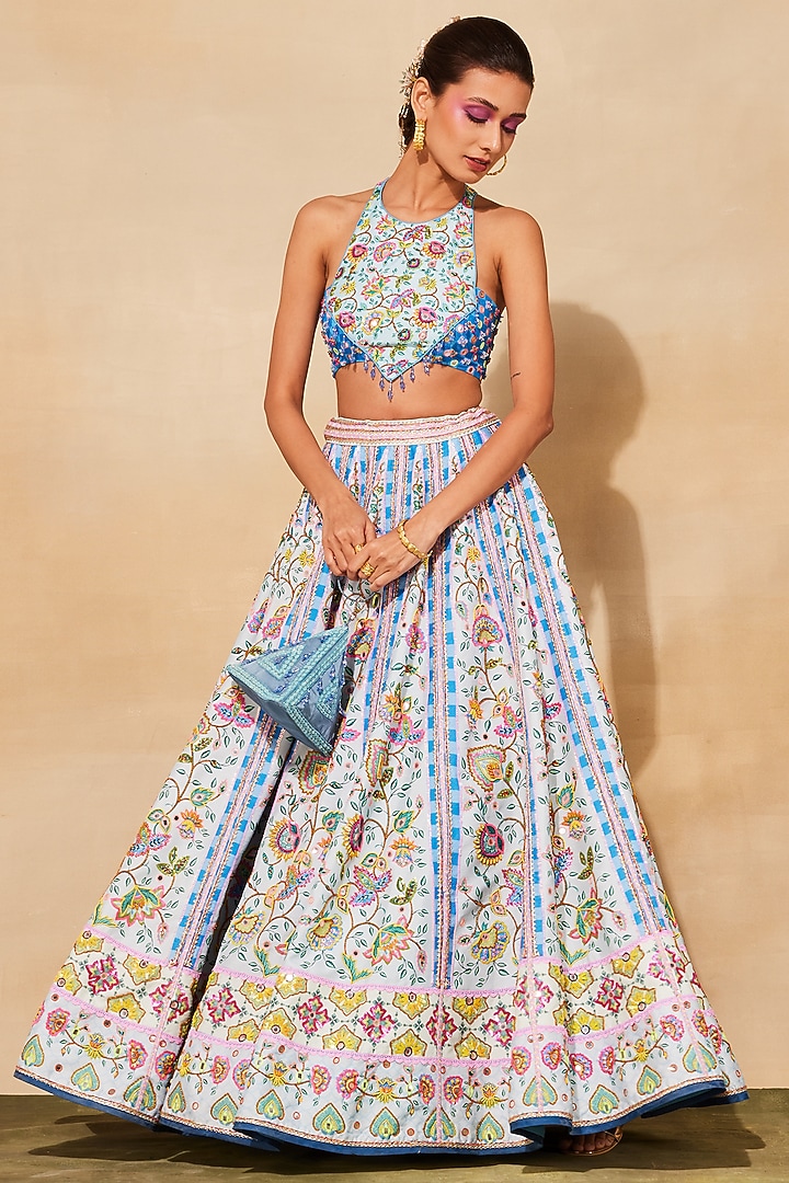 Powder Blue Raw Silk Printed Wedding Lehenga Set by DiyaRajvvir at Pernia's Pop Up Shop