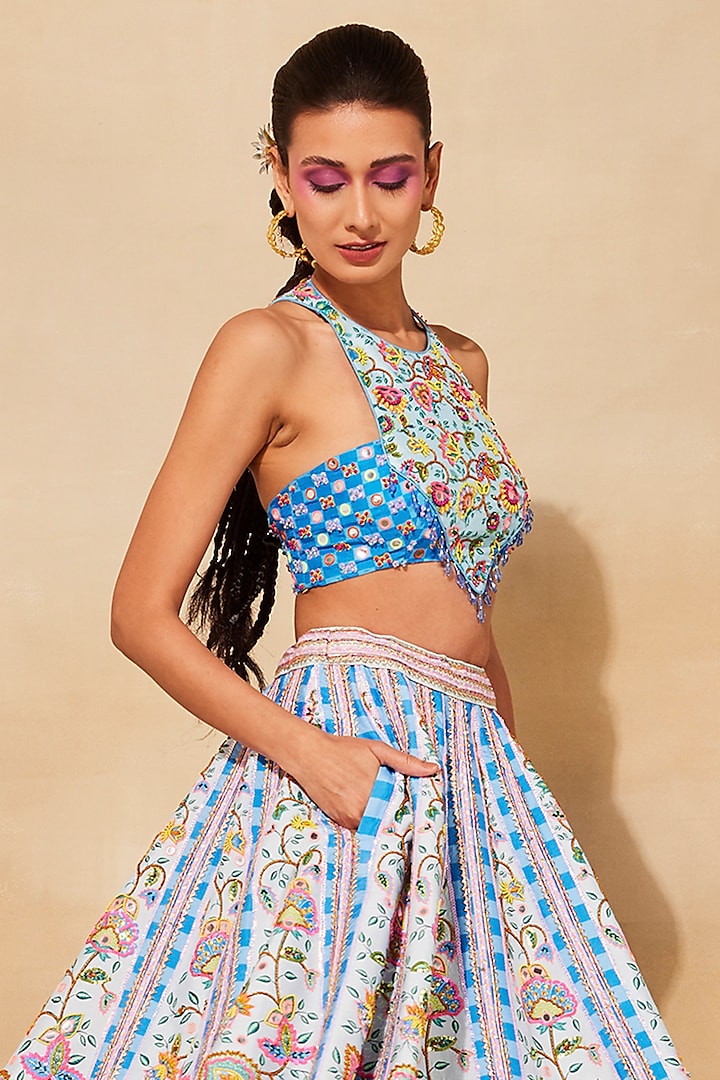 Powder Blue Raw Silk Printed Wedding Lehenga Set by DiyaRajvvir at Pernia's Pop Up Shop