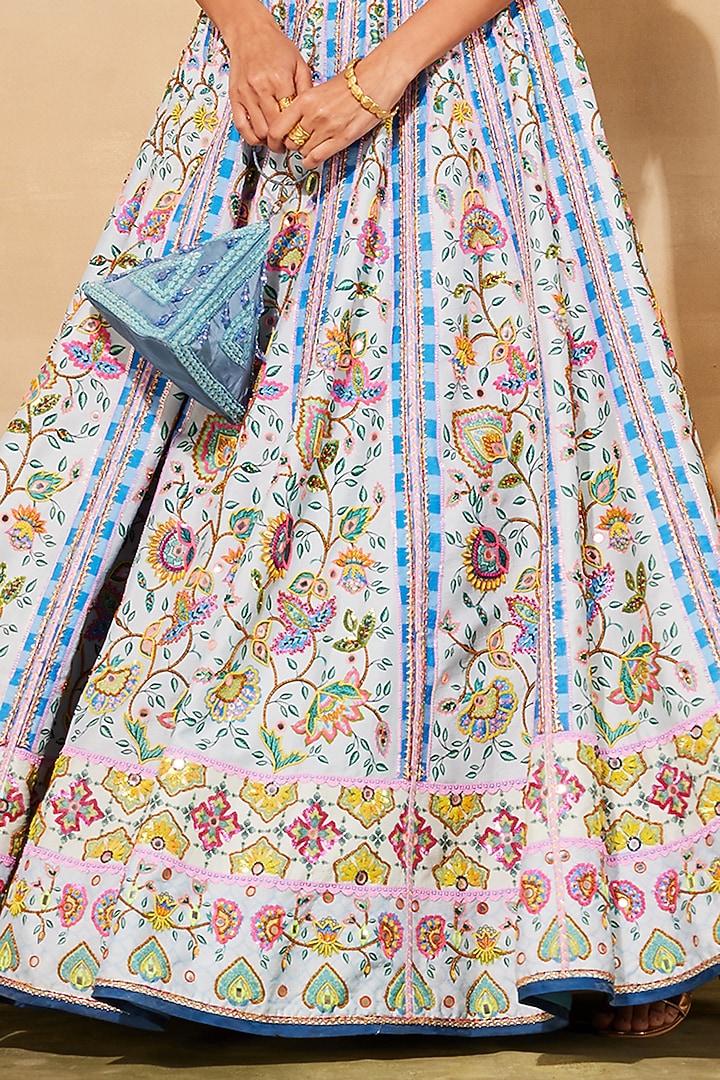 Powder Blue Raw Silk Printed Wedding Lehenga Set by DiyaRajvvir at Pernia's Pop Up Shop
