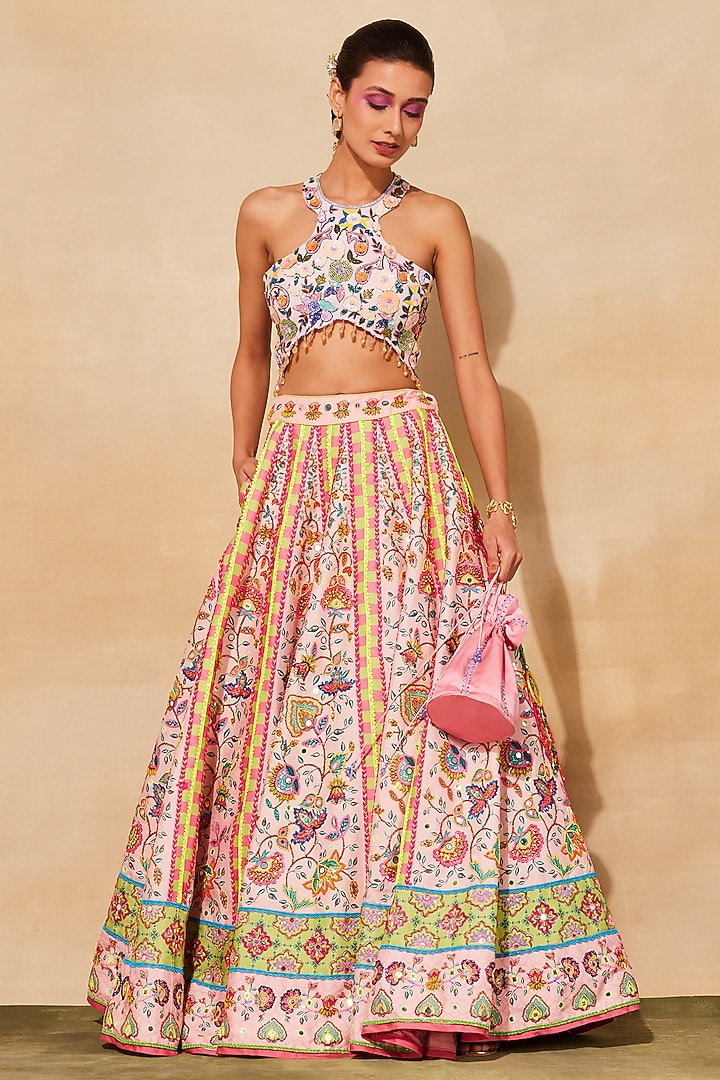 GULNAR - ROSE PINK & BLACK HANDBLOCK PRINTED LEHENGA SET