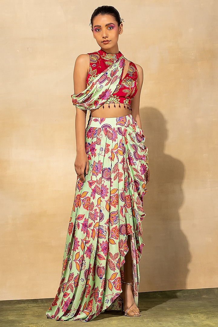 Mint Green Modal Printed Dhoti Skirt Set by DiyaRajvvir at Pernia's Pop Up Shop