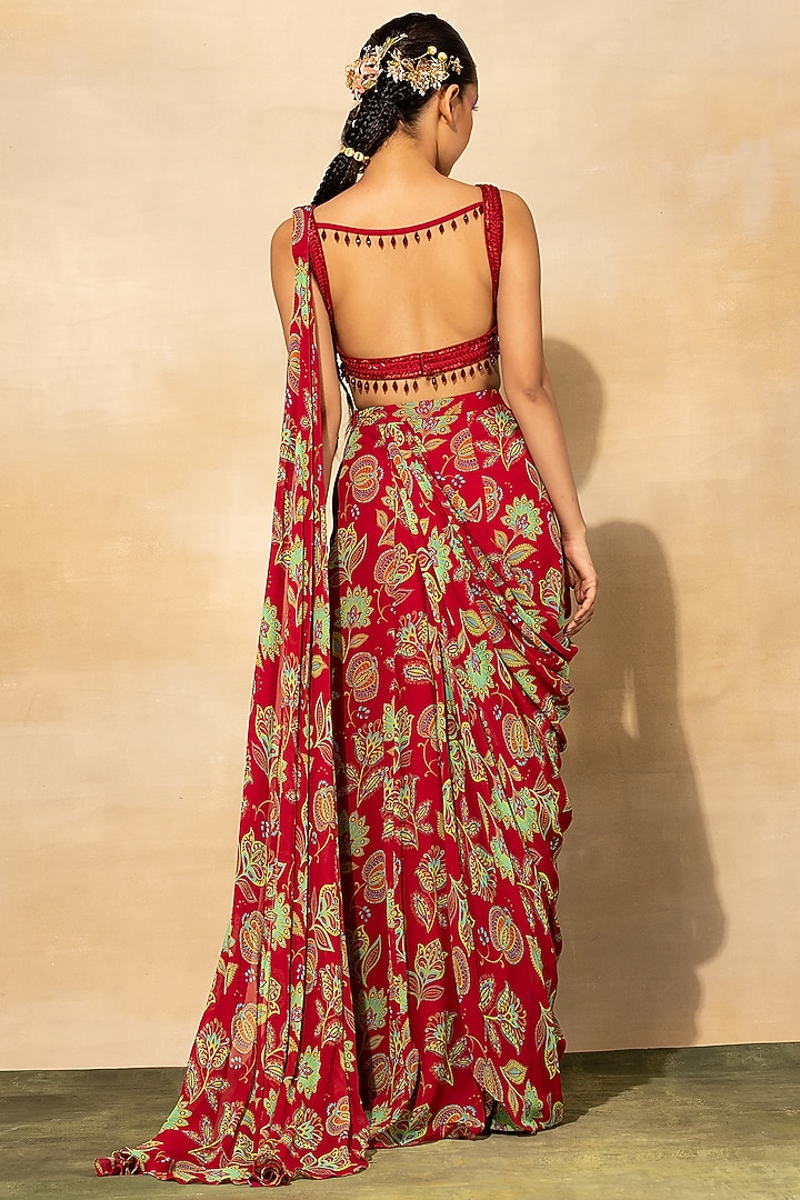 Crimson Georgette Chintz Printed Sharara Wedding Saree Set by DiyaRajvvir at Pernia's Pop Up Shop