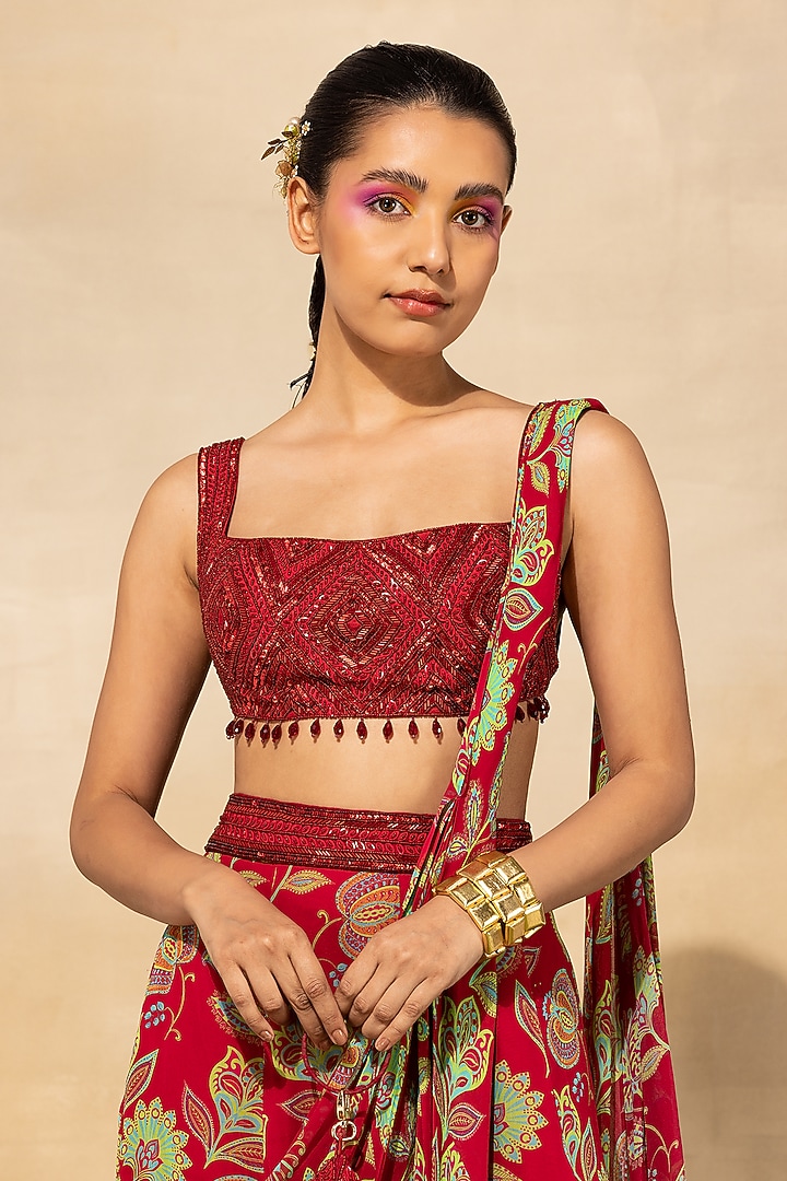 Crimson Georgette Chintz Printed Sharara Wedding Saree Set by DiyaRajvvir at Pernia's Pop Up Shop