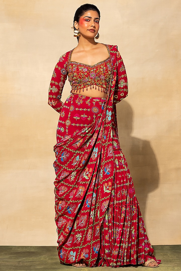Crimson Georgette Jaal Printed Tiered Gharara Pant Saree Set by DiyaRajvvir