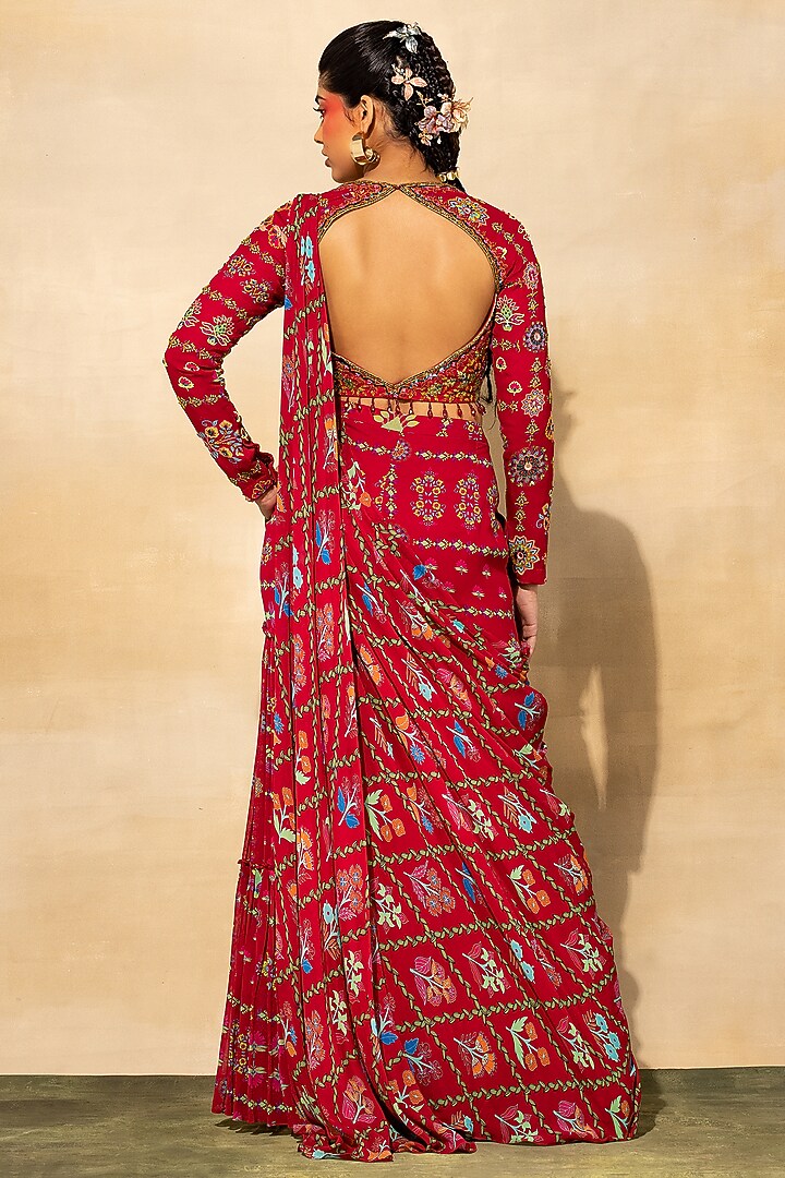 Crimson Georgette Jaal Printed Tiered Gharara Pant Wedding Saree Set by DiyaRajvvir at Pernia's Pop Up Shop