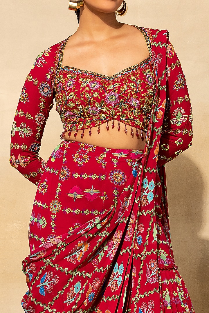 Crimson Georgette Jaal Printed Tiered Gharara Pant Wedding Saree Set by DiyaRajvvir at Pernia's Pop Up Shop