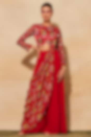 Crimson Georgette Sharara Saree Set by DiyaRajvvir