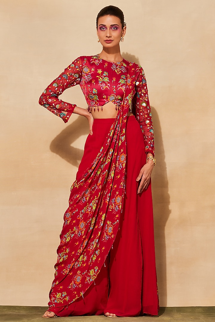 Crimson Georgette Printed Sharara Pant Saree Set by DiyaRajvvir