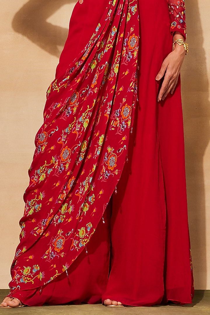 Crimson Georgette Printed Sharara Pant Wedding Saree Set by DiyaRajvvir at Pernia's Pop Up Shop