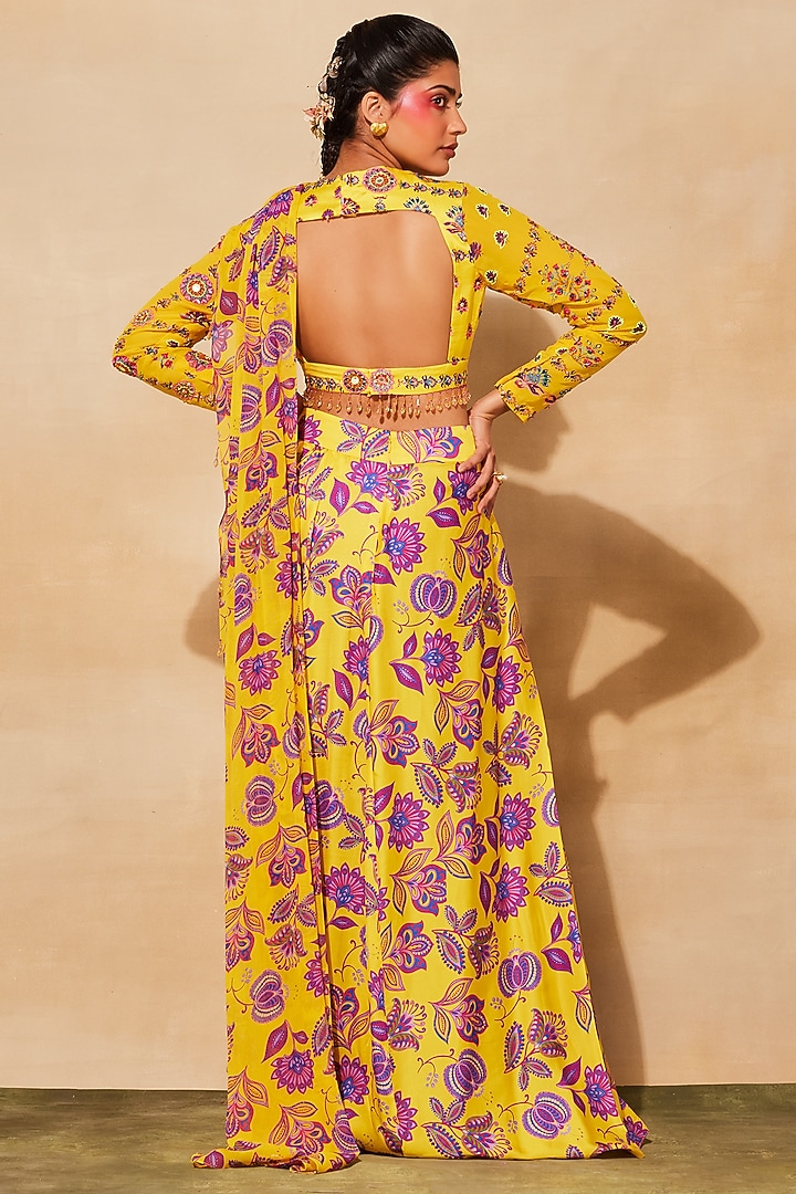 Yellow Modal & Georgette Chintz Printed Dhoti Skirt Wedding Saree Set by DiyaRajvvir at Pernia's Pop Up Shop
