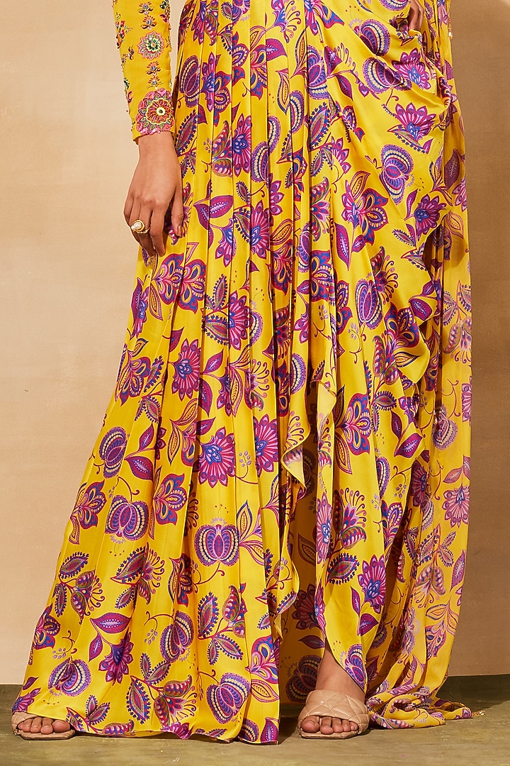Yellow Modal & Georgette Chintz Printed Dhoti Skirt Wedding Saree Set by DiyaRajvvir at Pernia's Pop Up Shop