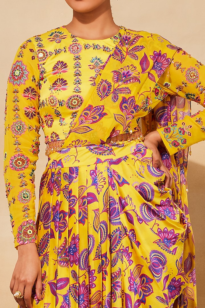 Yellow Modal & Georgette Chintz Printed Dhoti Skirt Wedding Saree Set by DiyaRajvvir at Pernia's Pop Up Shop