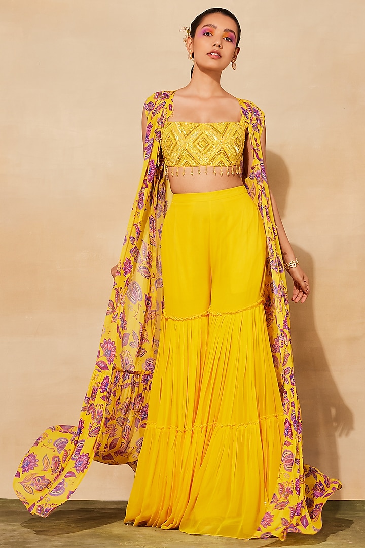 Yellow Georgette Gharara Set by DiyaRajvvir