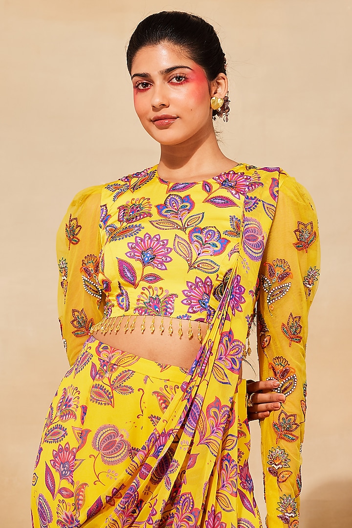Yellow Georgette Chintz Printed Sharara Pant Wedding Saree Set by DiyaRajvvir at Pernia's Pop Up Shop