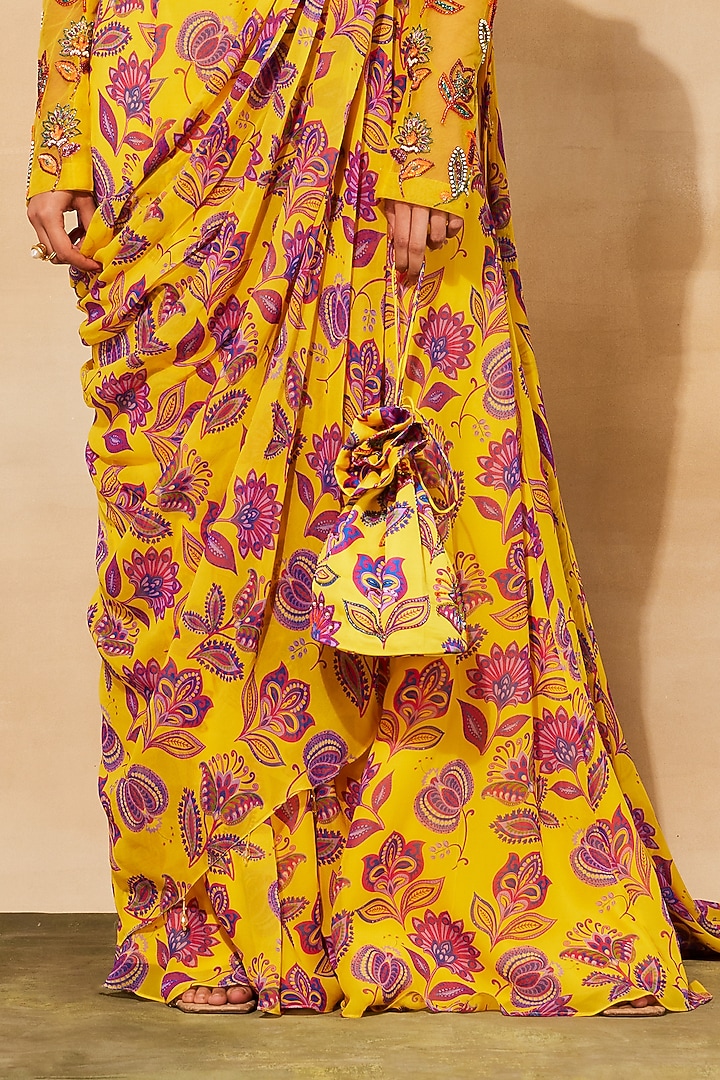 Yellow Georgette Chintz Printed Sharara Pant Wedding Saree Set by DiyaRajvvir at Pernia's Pop Up Shop